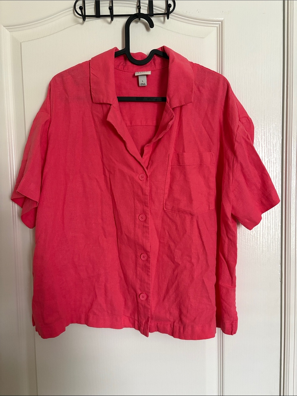 a new day Bright Pink Short-Sleeve Button-Down Linen Blend Boxy Shirt